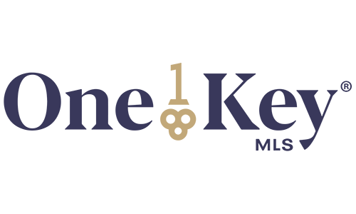 A logo for a company called one key mls is blue and gold.