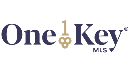 A logo for a company called one key mls is blue and gold.