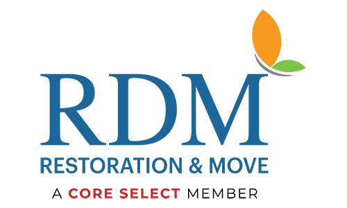 RDM Restoration & Move logo in blue and orange with leaf icon and “A Core Select Member” tagline