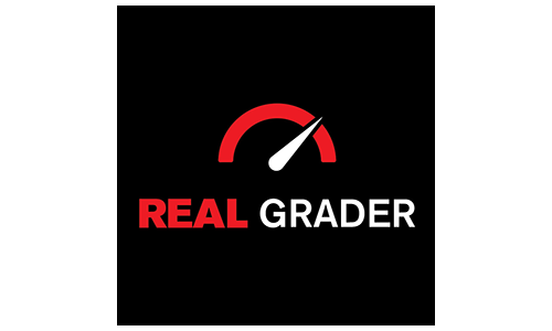 A black and red logo for a company called real grader.