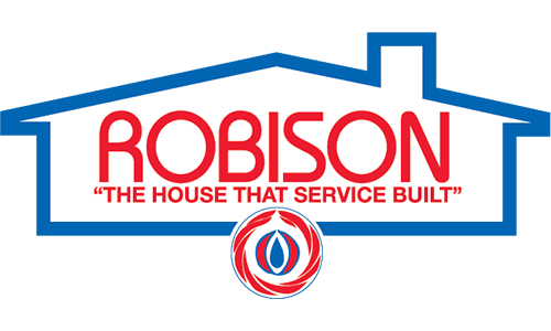 Robison HVAC logo in red and blue with house outline and slogan “The house that service built”