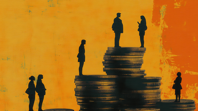 A group of people standing on top of a pile of coins.
