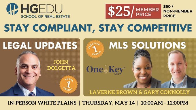 HGEDU legal updates and MLS solutions event ad with speakers, date, time, and White Plains location