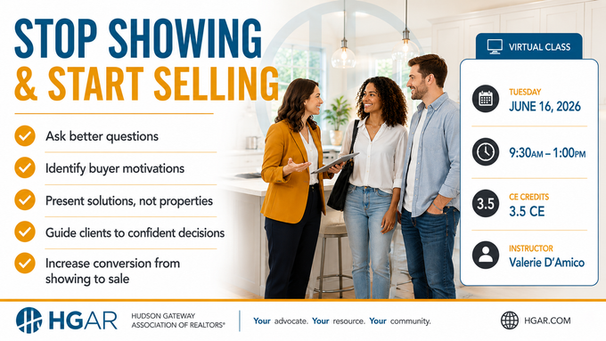 Real estate auctions 101 flyer with gavel, date, time, and HGEdu School of Real Estate branding