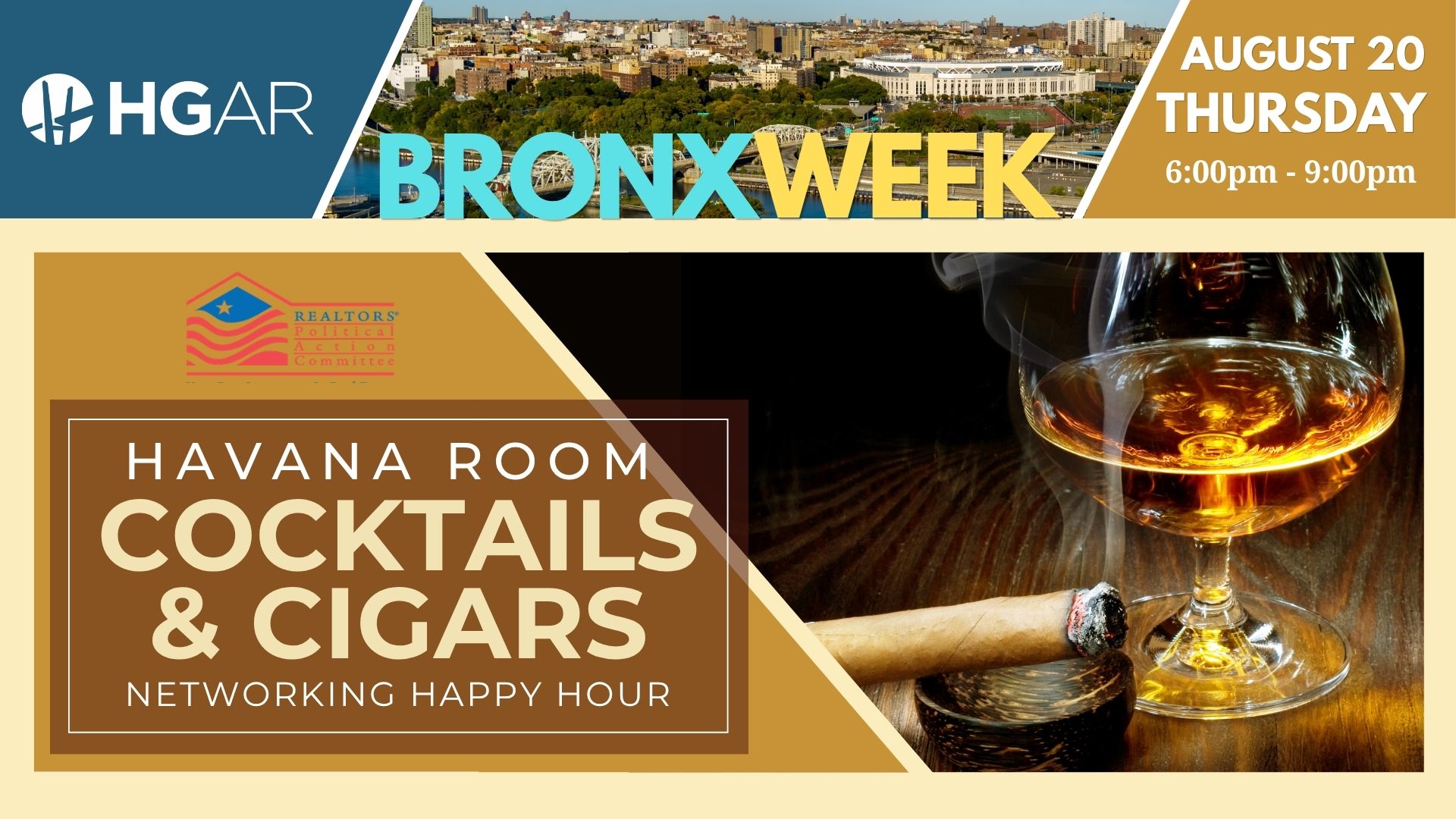 Bronx Week Havana Room cocktail and cigars networking happy hour flyer with drink, cigar, and August 20 Thursday details