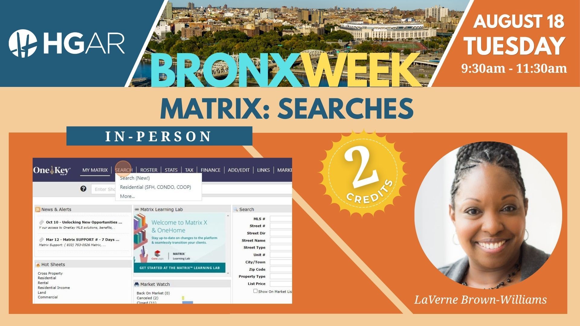 Bronx Week Matrix Searches event flyer with orange and teal design, August 18 Tuesday, 9:30am–11:30am, in-person.