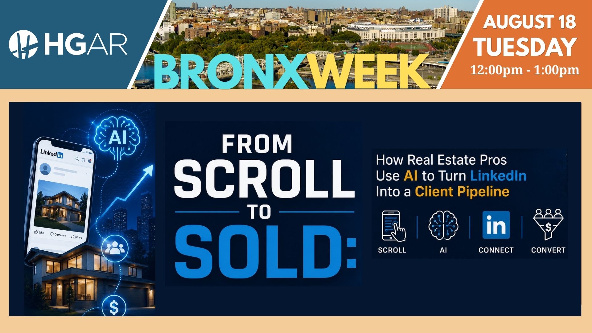 Bronx Week event flyer: “From Scroll to Sold” AI/LinkedIn workshop, August 18 Tuesday, blue and orange design.
