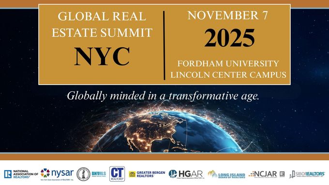 Global Real Estate Summit in NYC, November 7, 2025 at Fordham University. Globe image with text overlay and logos.