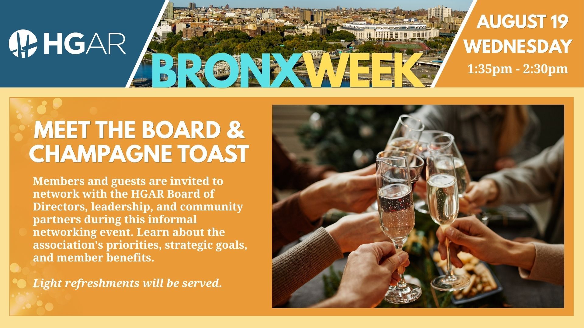 Bronx Week networking reception flyer with champagne toast and August 19 Wednesday 1:35pm–2:30pm details