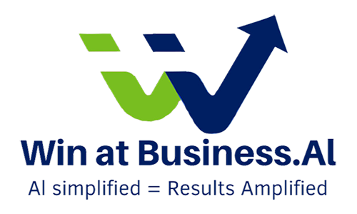 Win at Business.AI logo with green and blue upward arrow, tagline “AI simplified = Results Amplified”