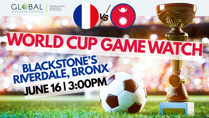 World Cup game watch at Blackstone’s Riverdale, Bronx, June 16, 3:00 PM, with soccer ball and trophy