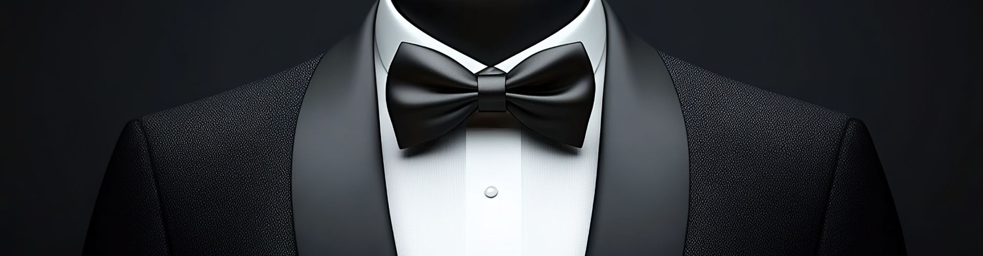 Close-up of a black tuxedo with a black bow tie and a white dress shirt.