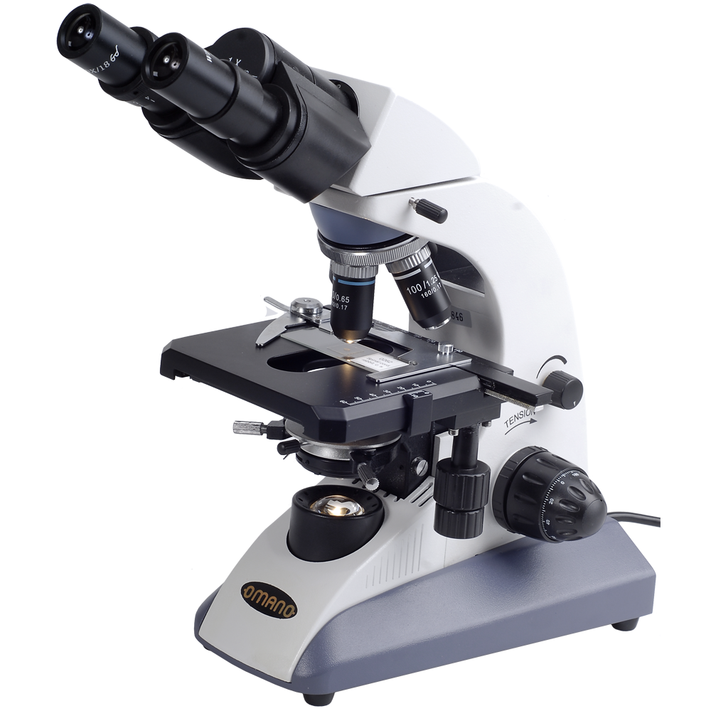 A white and gray compound microscope with eyepieces and objective lenses, used for scientific observation.