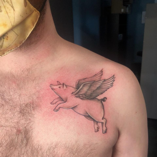 This was the first piece - Flying Pig Tattoo. Landon Adams / Fresh Ink /  Rockwall, Texas | Flying pig tattoo, Pig tattoo, Flying tattoo