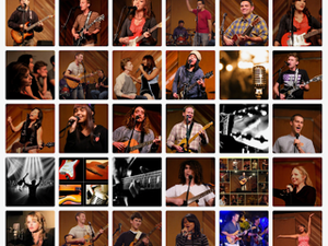 Collage of musicians performing on stage with guitars and microphones.