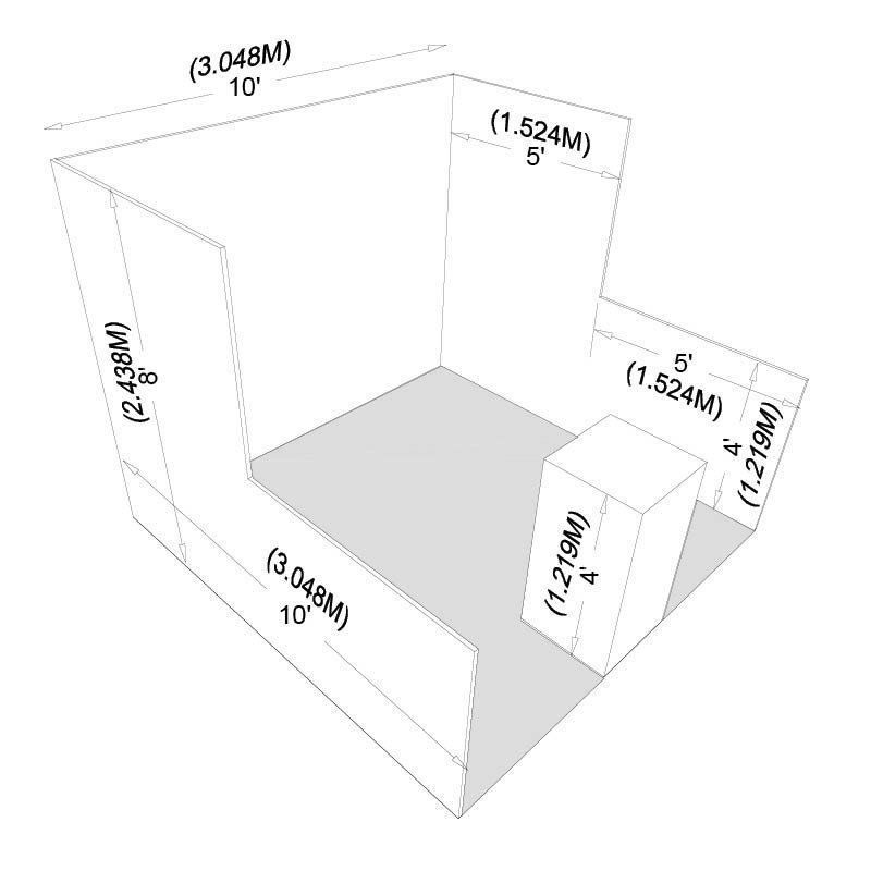A 3d model of a room with measurements on the wall and floor.
