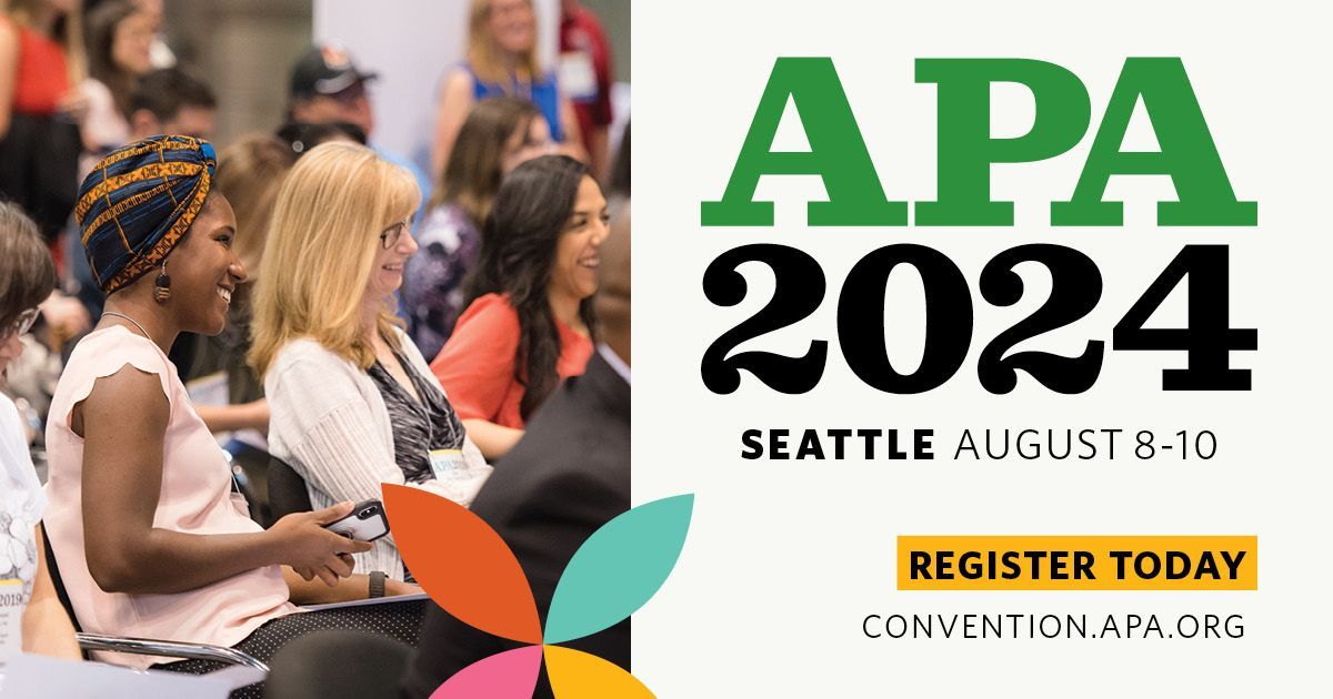 A group of people are sitting in front of a sign that says APA 2024.