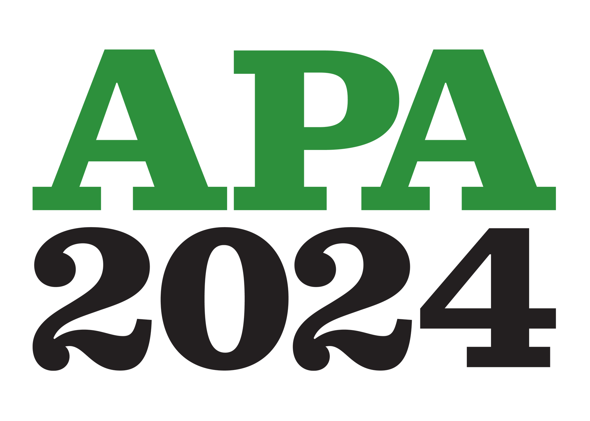 The logo for APA 2024 is green and black on a white background.