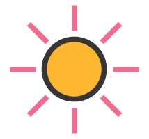 A yellow sun with pink rays coming out of it.