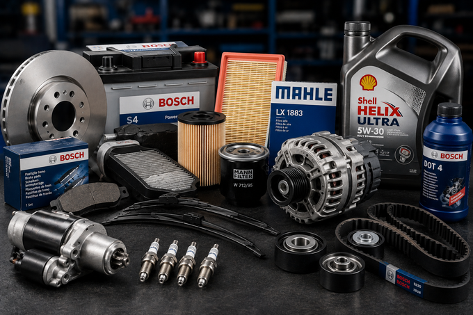 Vari ricambi e filtri per auto Bosch e Mahle esposti su una superficie scura insieme a scatole, cinghie e componenti metallici.