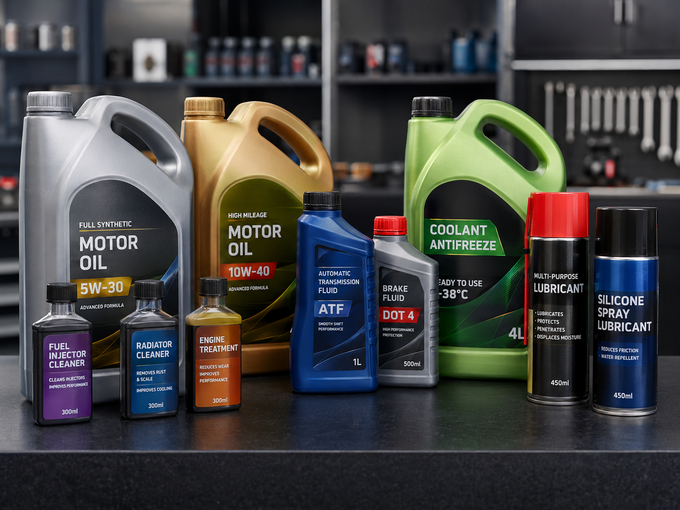 Vari contenitori di olio motore, liquido di raffreddamento e altri fluidi allineati su uno scaffale in un'officina meccanica.