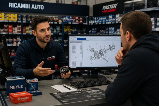 Due uomini discutono di ricambi auto al bancone di un'officina, mentre un computer mostra uno schema dei componenti.