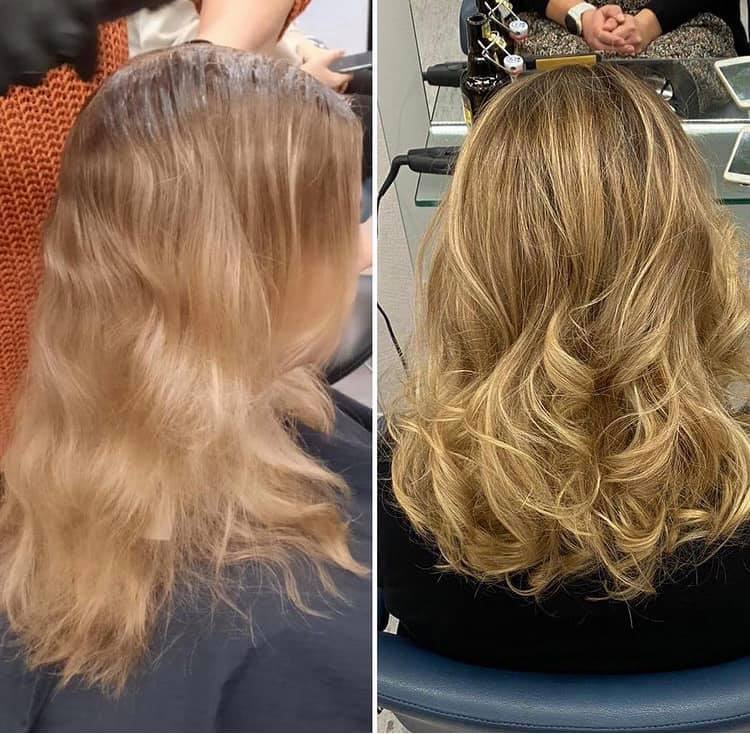 Ein Vorher-Nachher-Foto einer Frau beim Friseur