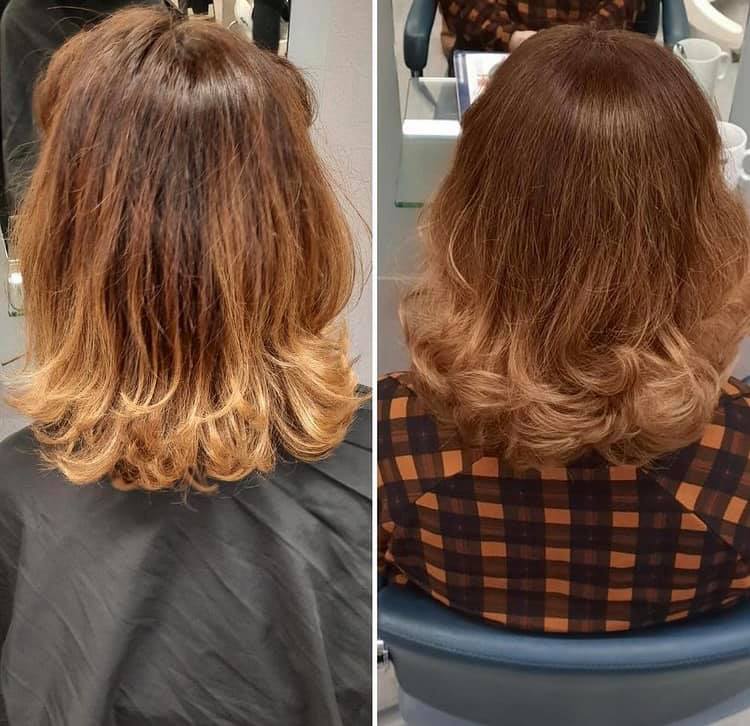 Ein Vorher-Nachher-Foto der Haare einer Frau