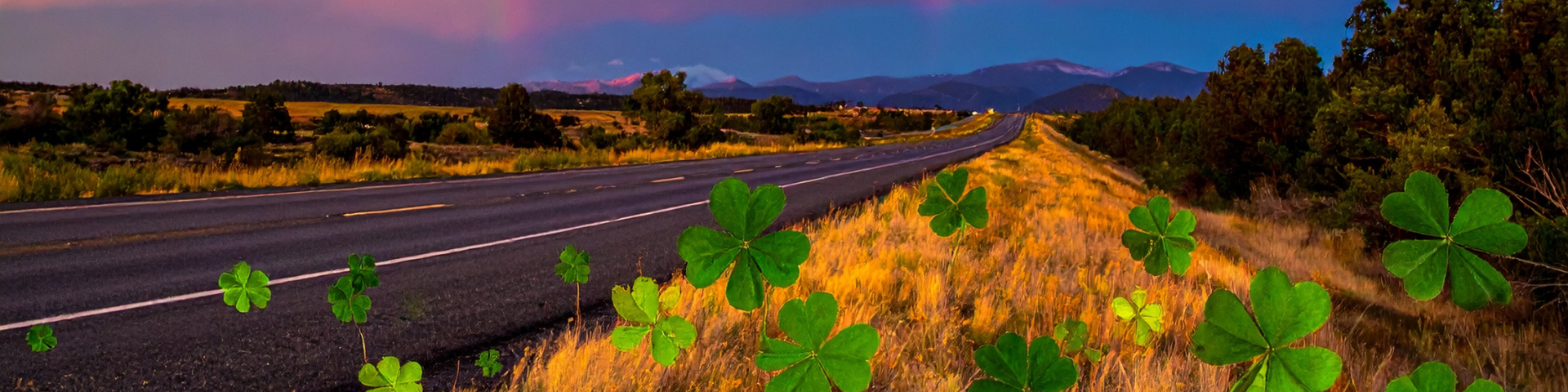 Open highway through grassy hills at sunset with green shamrock graphics along the roadside.