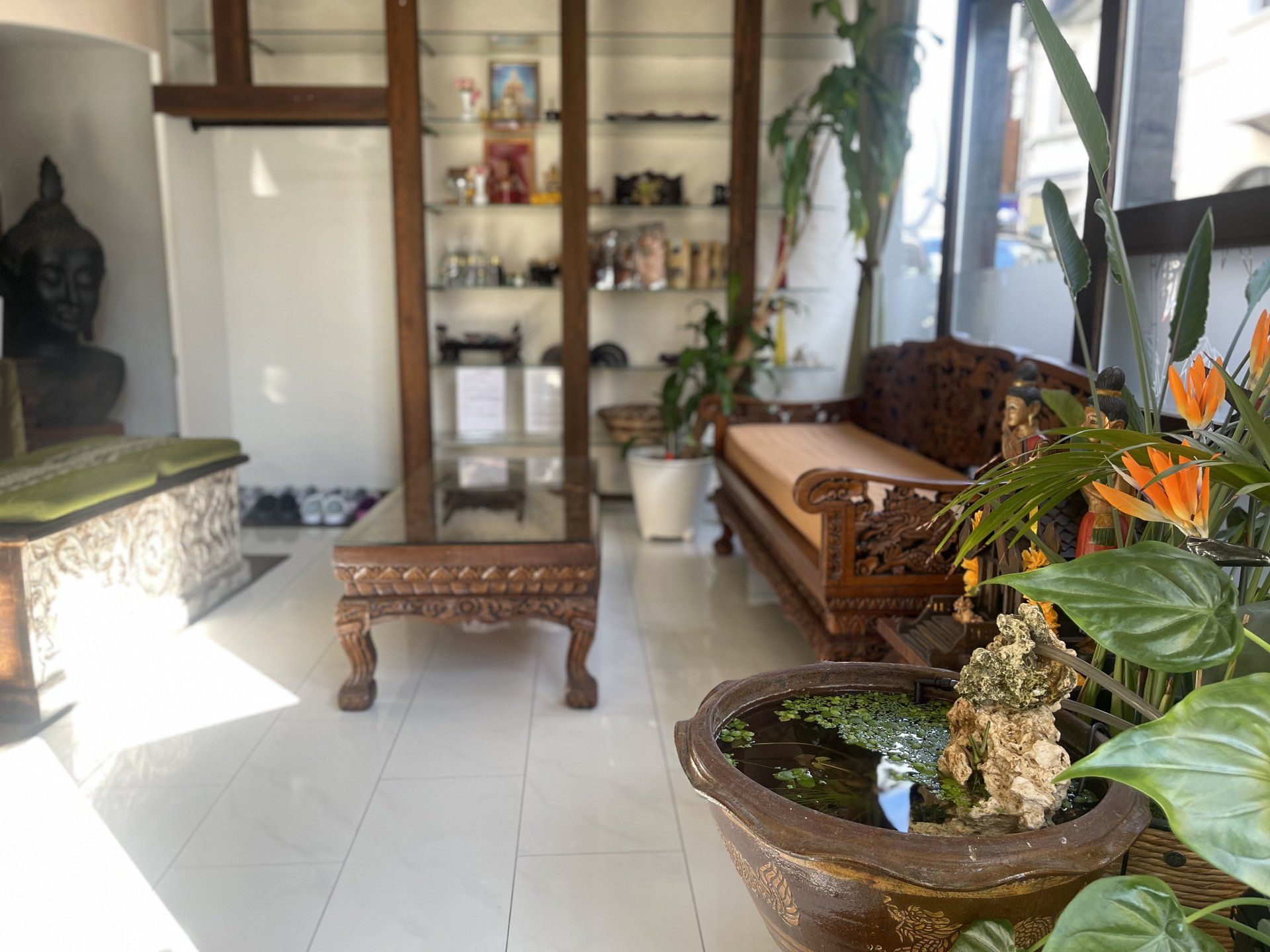 Ein Wohnzimmer mit Couch, Tisch und Topfpflanzen.