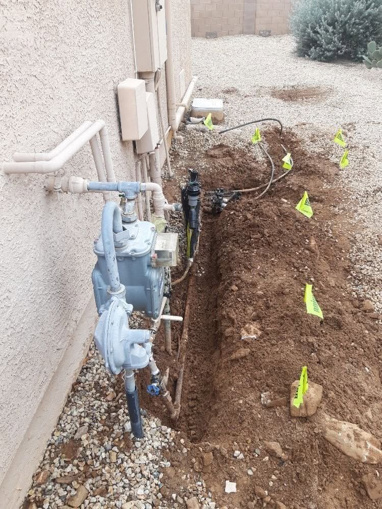 Gas meter and pipes beside a house wall, next to a newly dug trench with small flagged plants.
