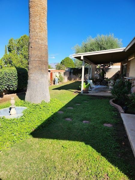 Lawn with a large tree, fountain, and covered patio on a sunny day. A person tends a garden.