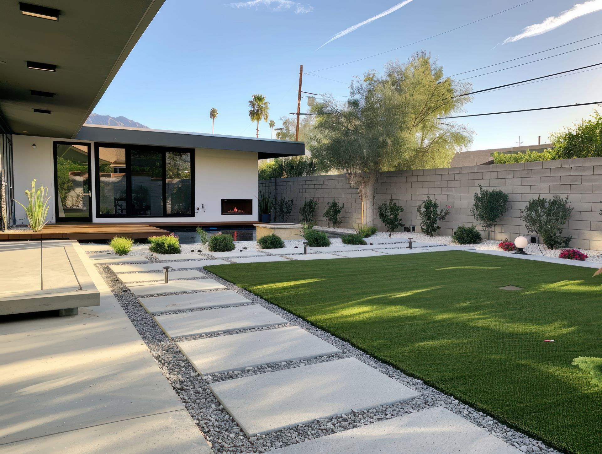 Modern home exterior with stone pathway, green lawn, and white gravel landscaping.