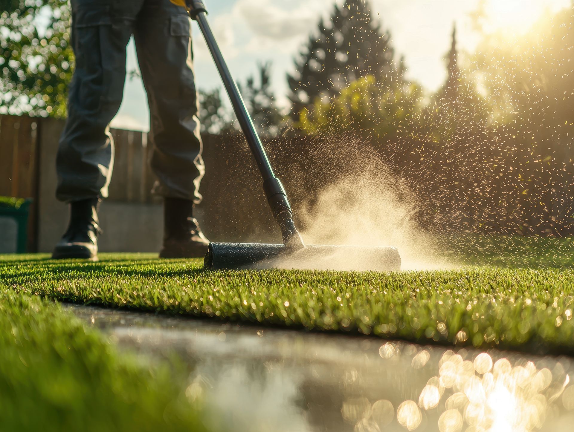 Person brushing artificial turf with a sprayer, creating a mist. Sunlit outdoor setting.
