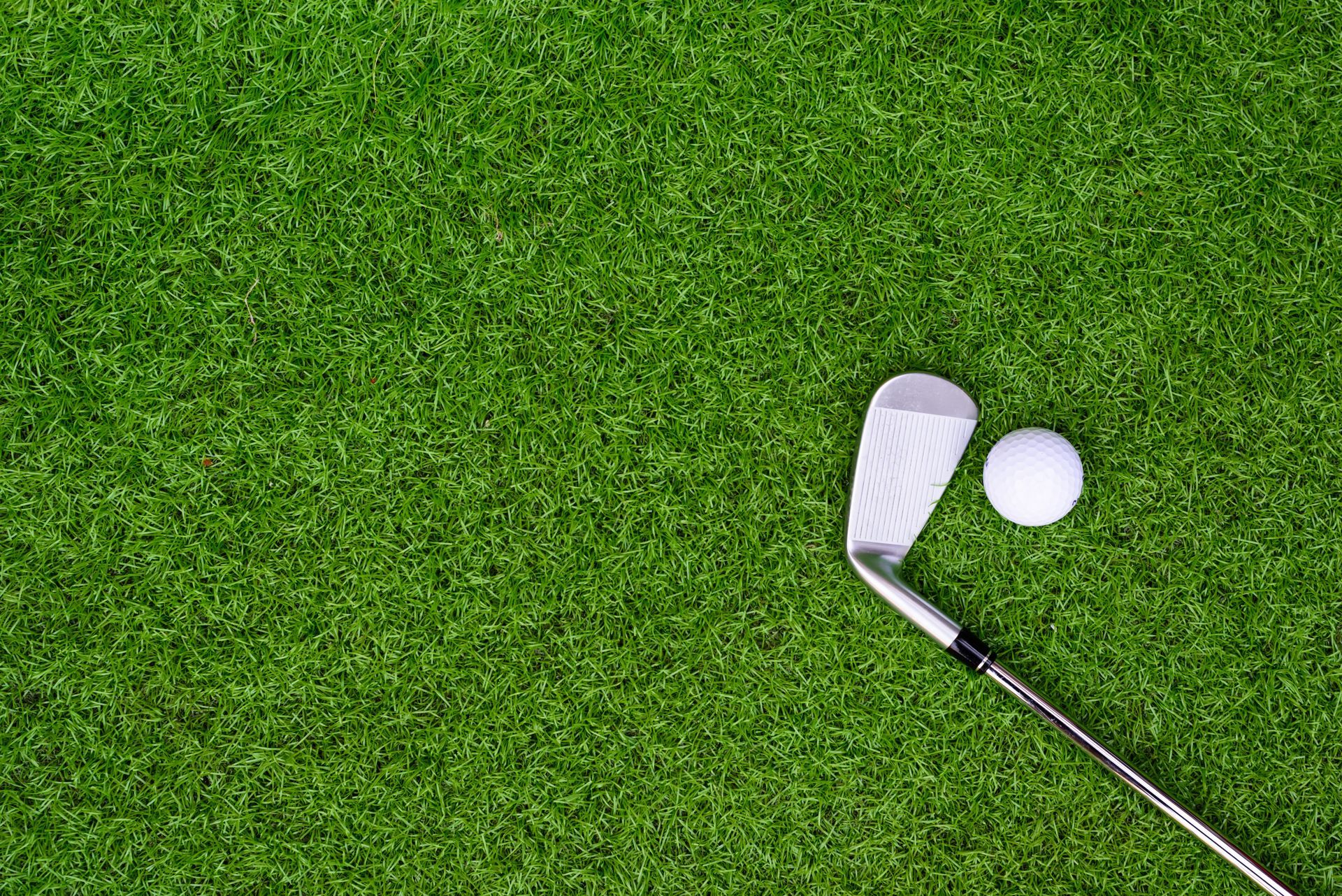 Golf club and ball on green grass.