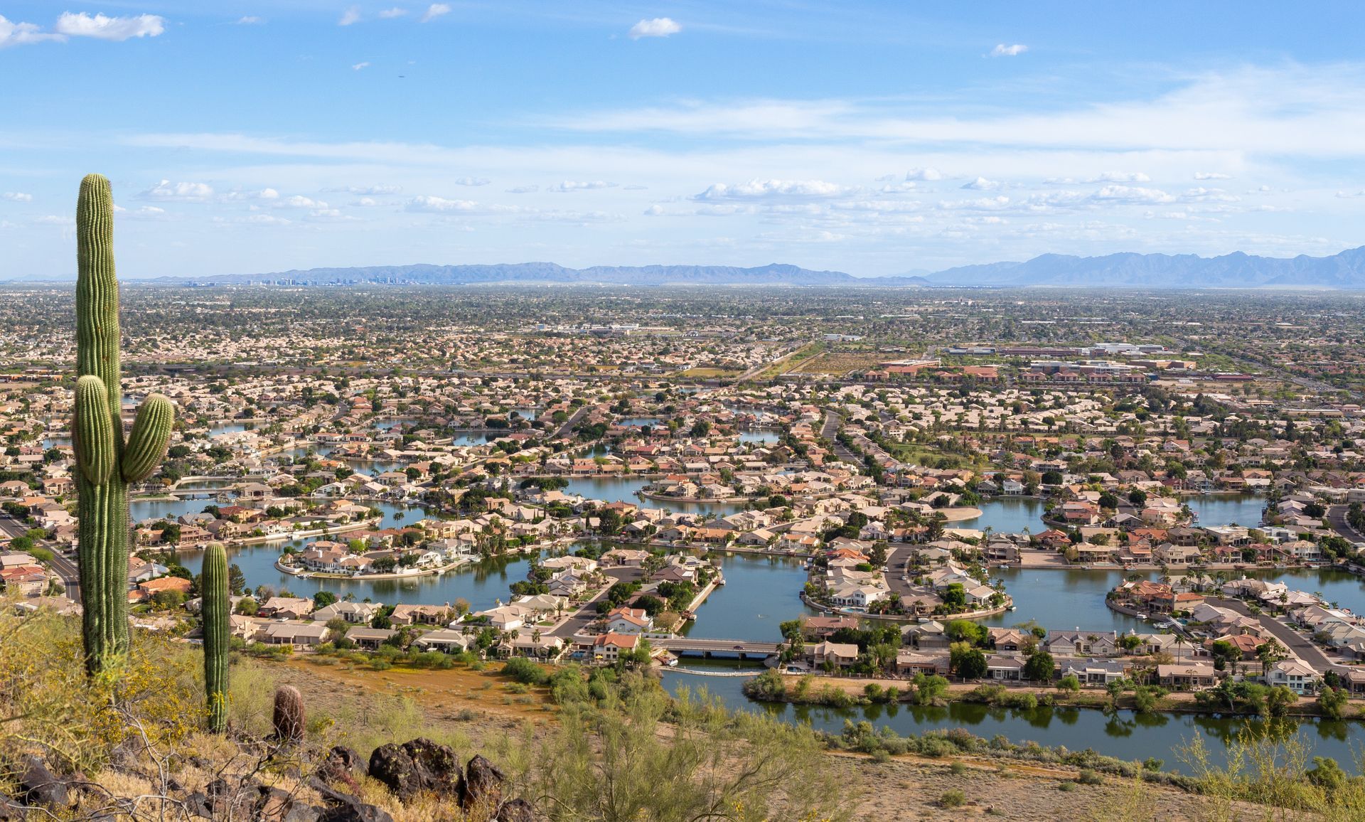 View of a sprawling city with artificial lakes, saguaro cactus in the foreground under a blue sky.