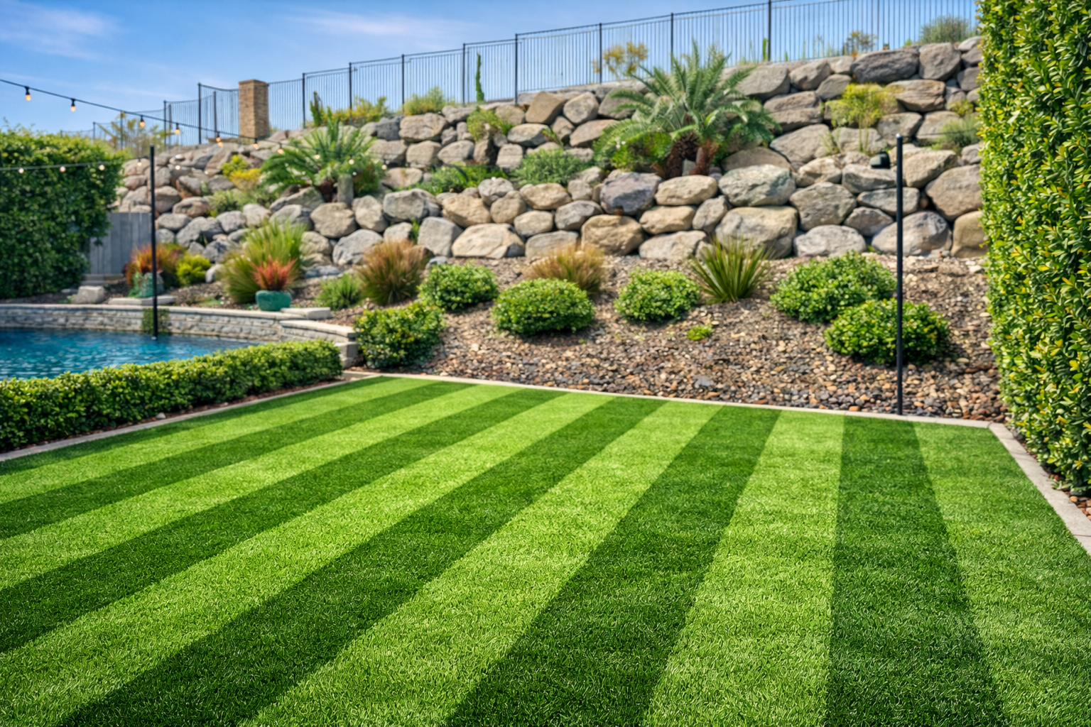 Person brushing artificial green turf with a gray brush.