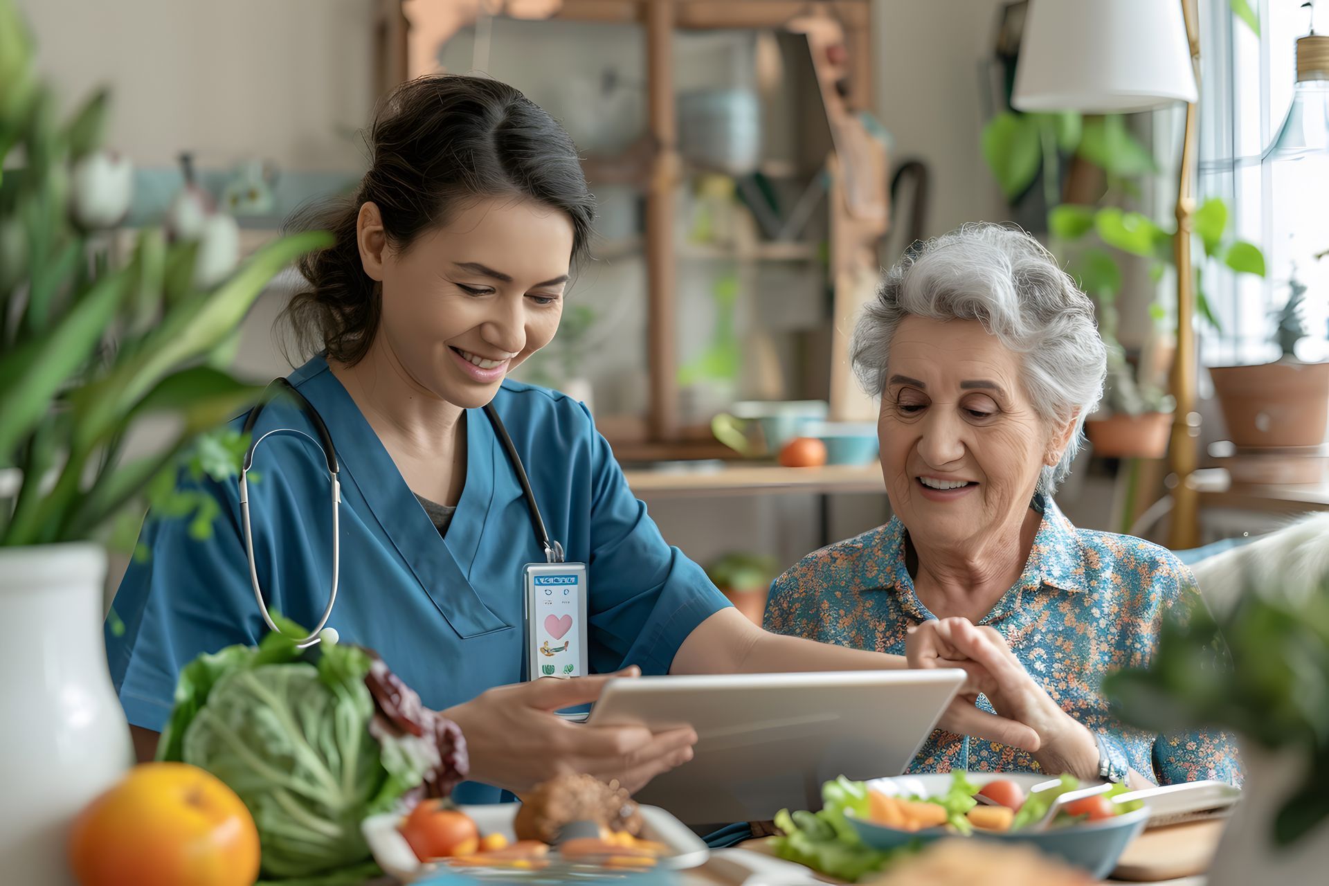 A nurse is showing an elderly woman how to make a salad on a tablet.