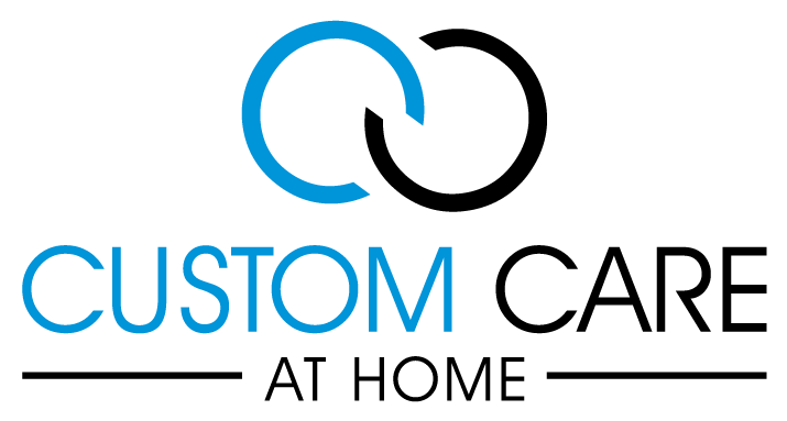 The logo for custom care at home is blue and black.