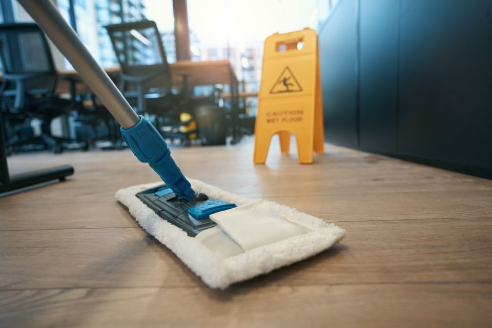 A mop is sitting on a wooden floor next to a caution wet floor sign.