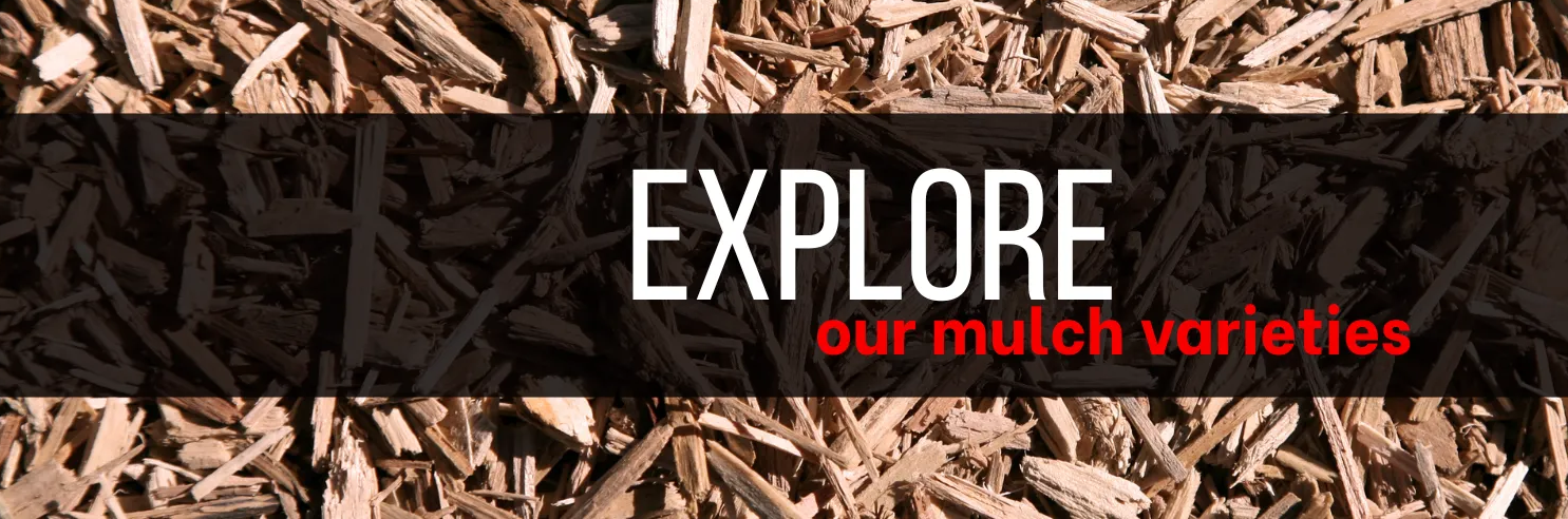 Explore our mulch varieties over a background of dark brown mulch chips.