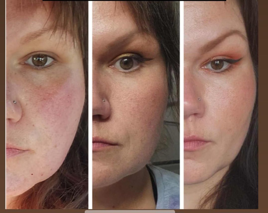 a woman 's face is shown before and after makeup