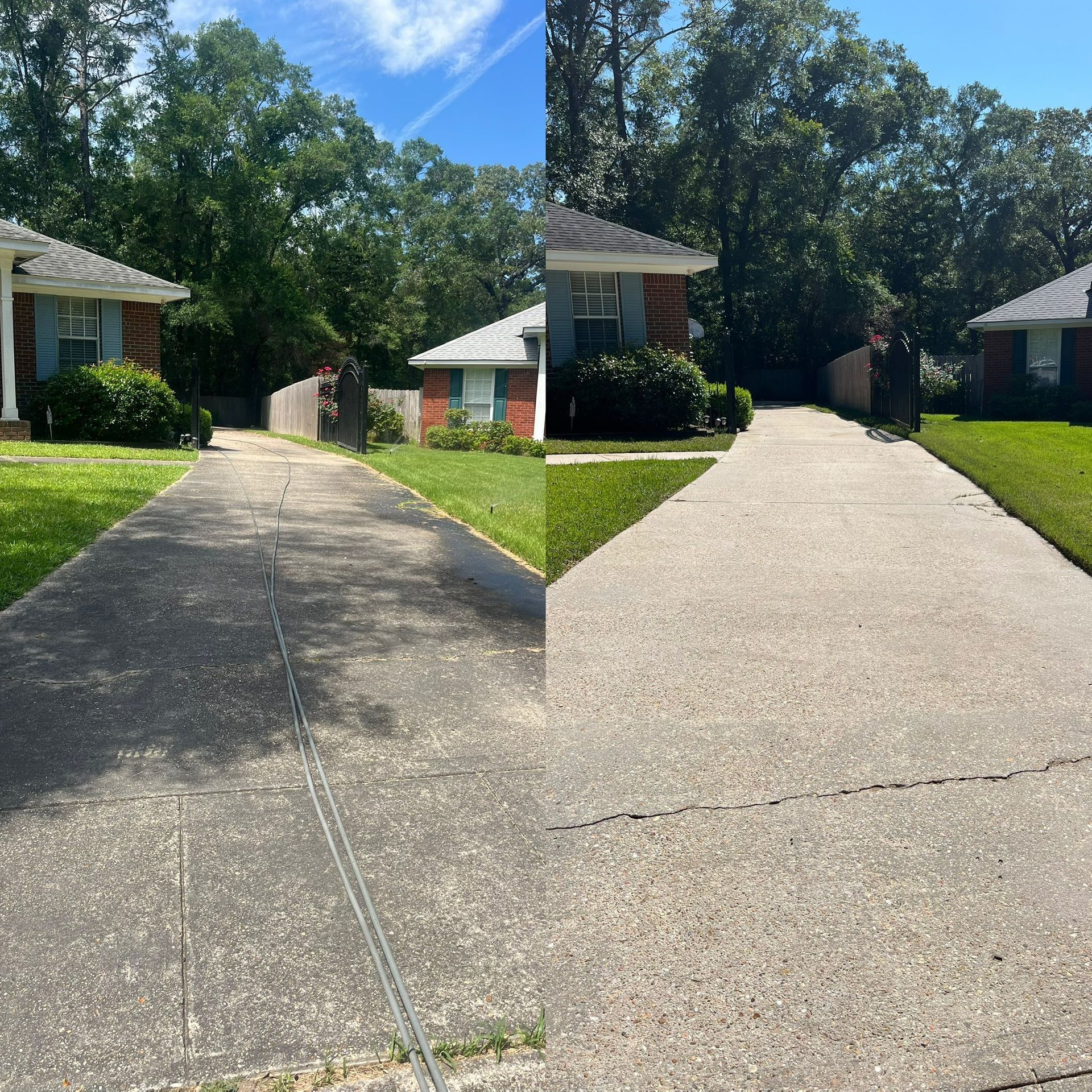 A before and after photo of a concrete driveway leading to a house.