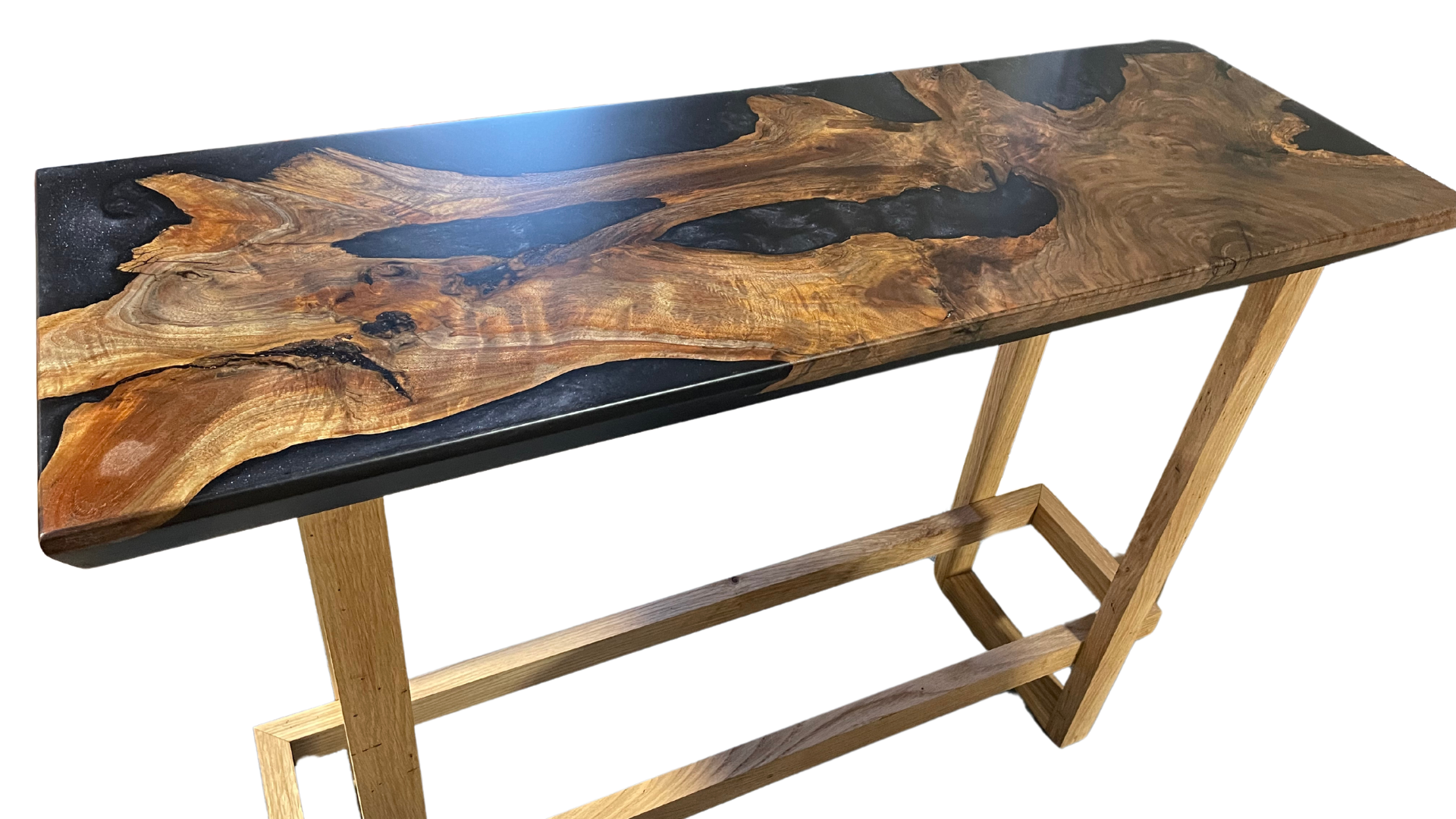 A wooden table with a black top and wooden legs