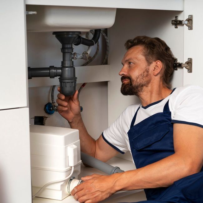 professional plumber repairing clogged drain and pipes under kitchen sink