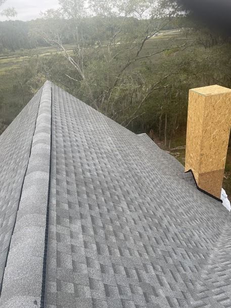 Gray shingle roof with a chimney against a blurred green and gray background.