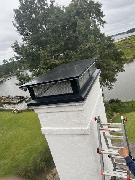 Chimney with black cap on roof; ladder next to it; water and trees in background.