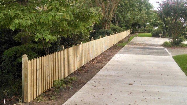 Wooden picket fence next to a concrete sidewalk, bordered by greenery.
