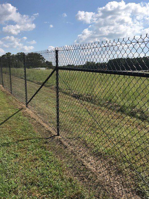 Black chain-link fence bordering a grassy field under a partly cloudy blue sky.