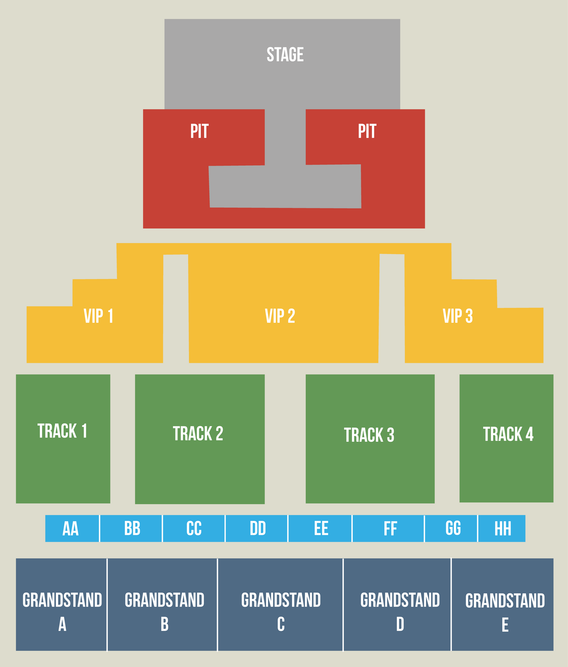 Concert seating chart: stage at top; pit, VIP, track, and grandstand sections below.